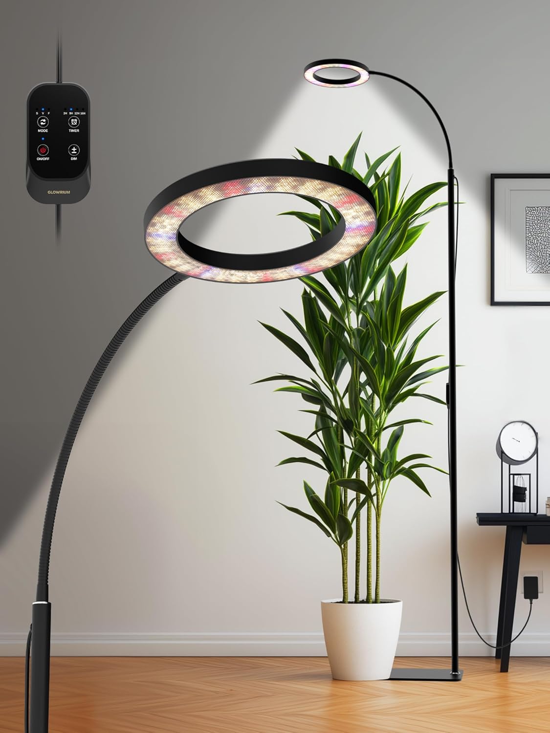 GLOWRIUM Grow Lights for Indoor Plants, Full Spectrum LED Grow Light, Stepless Dimming,3 Lighting Mode and Adjustable Height, Plant Light with 3/9/12/16H Timer (Black, 24W)