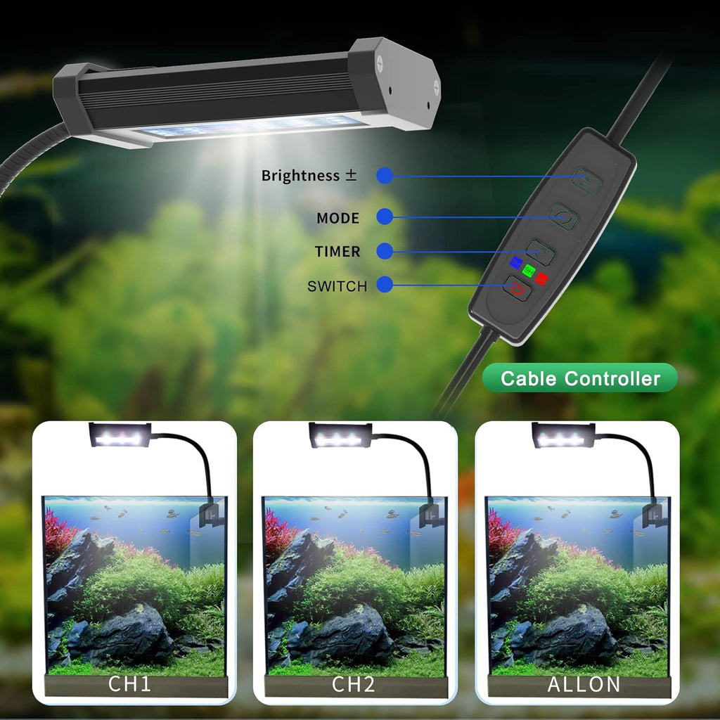 Lominie Planted Aquarium Light, 4 Channel Timer Dimmer Freshwater Small Fish Tank Light 6500K with Gooseneck for Planted Refugium Nano Tank (Freshwater)