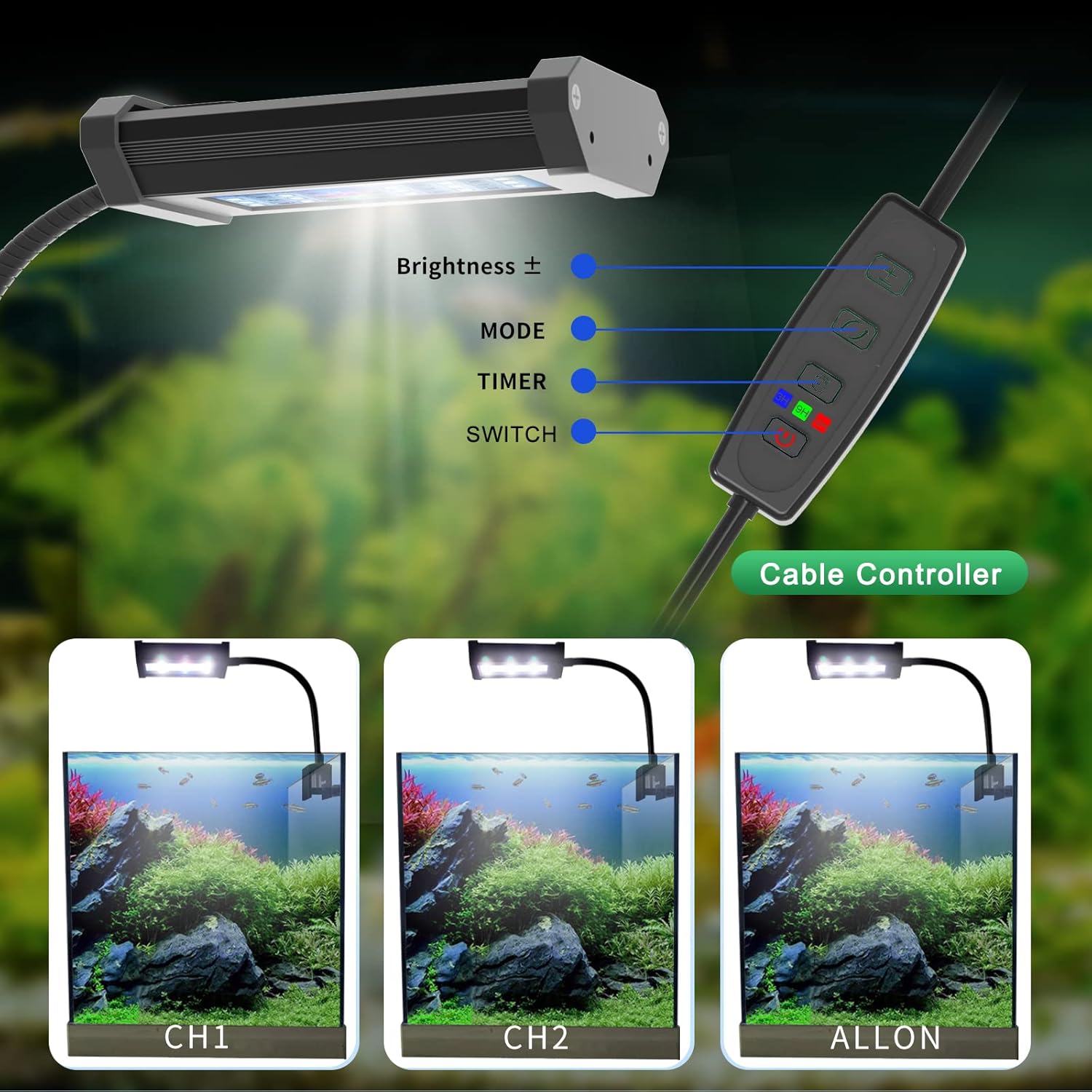 Lominie Planted Aquarium Light, 4 Channel Timer Dimmer Freshwater Small Fish Tank Light 6500K with Gooseneck for Planted Refugium Nano Tank (Freshwater)