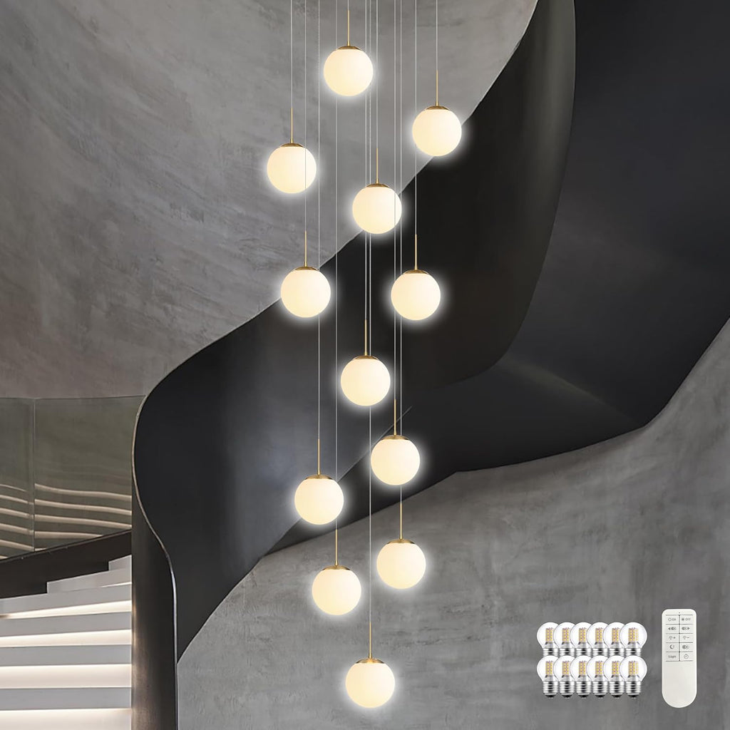 KoKo&Yukina 12-Light Gold Mid Century Modern Chandelier for Living Room Staircase Chandelier for Entryway Globe Milky White Glass Pendant Light High Ceiling Chandeliers Foyer (Bulb & Remote Incl.)