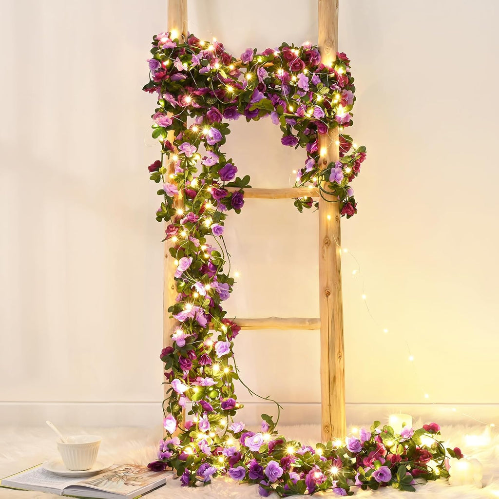BLEUM CADE 5Pcs 41Ft Flower Garland Artificial Rose Vines with 32.8Ft String Lights, Cute Fake Hanging Flower Vines Floral Garland Decorations for Wedding Party Wall Room Decor Aesthetic