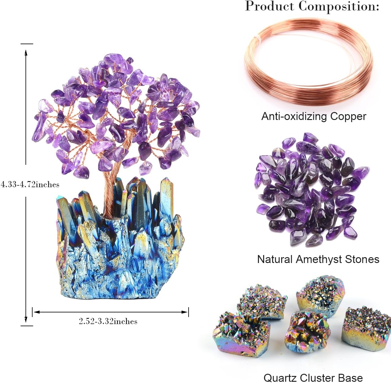 Natural Amethyst Crystal Tree, Quartz Cluster Rainbow Titanium Crystals Base, Feng Shui Bonsai Money Tree for Wealth and Luck