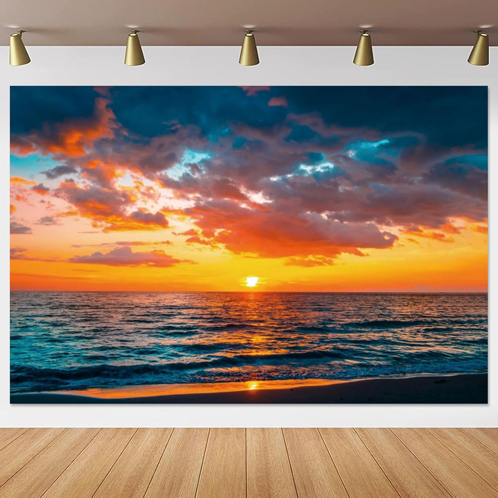 Yeele 15x10ft Seaside Sunset Backdrop Summer Beach Sunrise Scenery Photography Background Ocean Fire Clouds Dusk Landscape Home Decoration Wallpaper Portrait Photo Studio Props