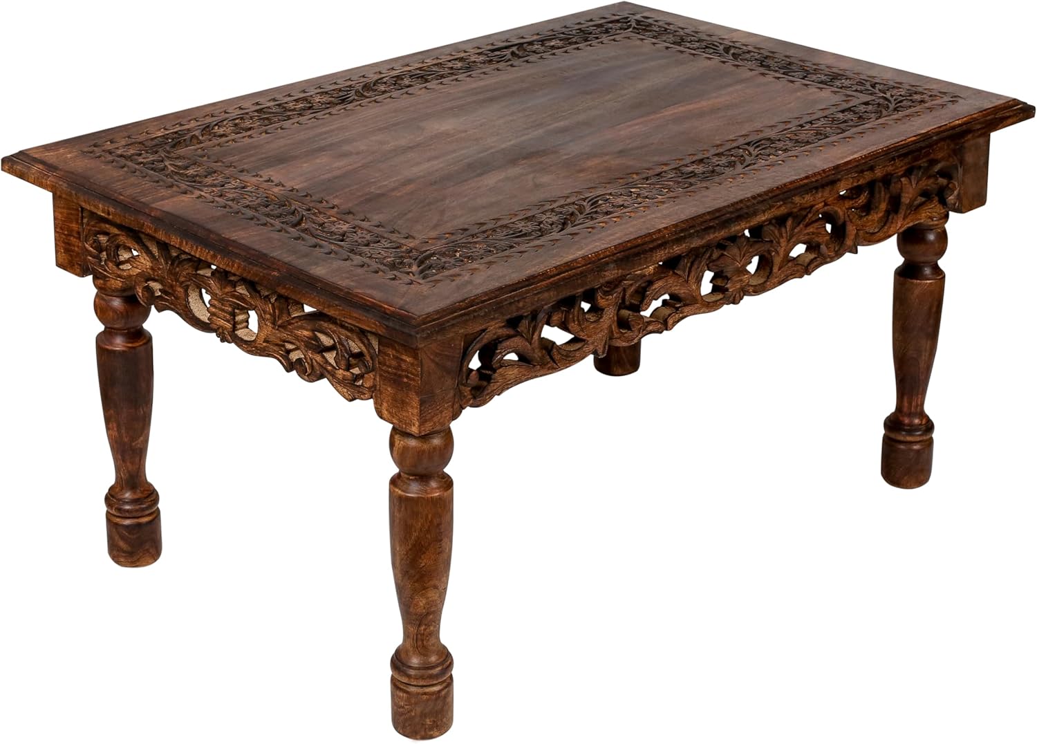 Rectangular Wooden Coffee Table Cutwork Jali Carving, Farmhouse Coffee Table, Rustic Center Table, Mid Century, Rustic and Modern Style Living Room Furniture - 36x24x18 Inch Burnt
