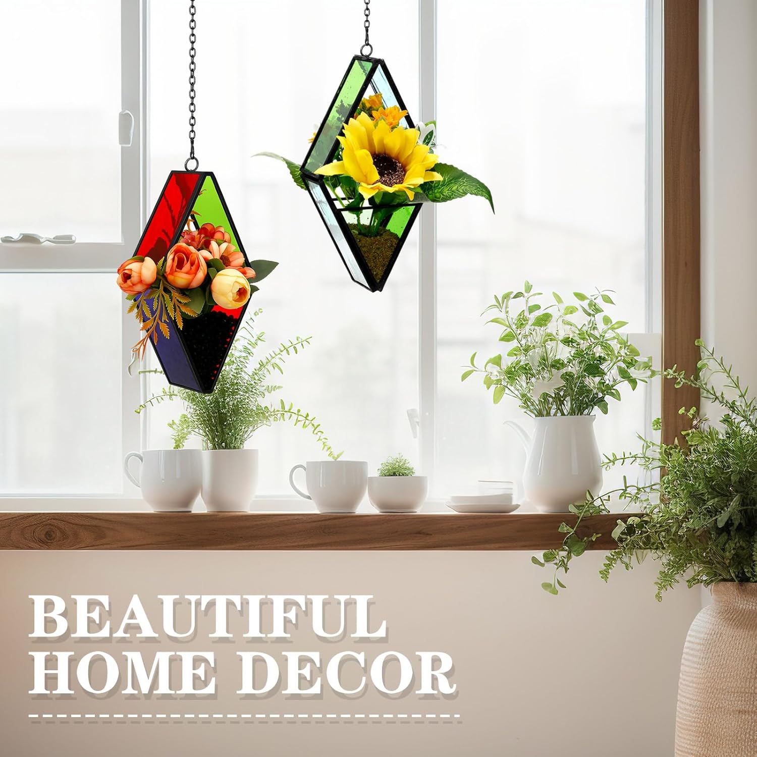 Hushee 4 Pcs Stained Glass Hanging Plant Terrariums Hanging Glass Planter Air Plant Holders with Chain for Window Christmas Home Decor Gifts for Mom Women, 7.87 x 3.94 x 1.97 Inch(Bright Color)