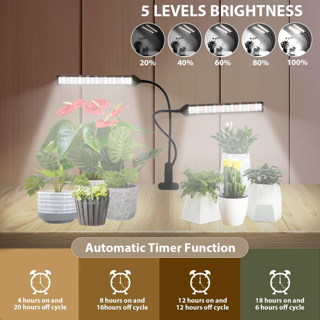 GHodec Grow Light LED Gooseneck Lamp,6500K 80W Full Spectrum 144 LED Plant Lamp Clip-on Desk for Indoor Plants Growing, Timer Setting 4/8/12/18H & 5 Dimmable Levels