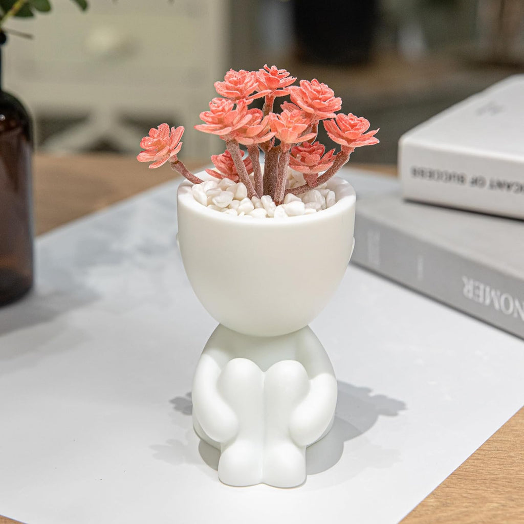 HEYO-YEPY 3PCS Cute Artificial Plant Office Decor for Women and Men, Aesthetic Desk Plant Decor for Office and Home, Potted Small Fake Plants for Indoor Decoration, White Pots Pink Plants
