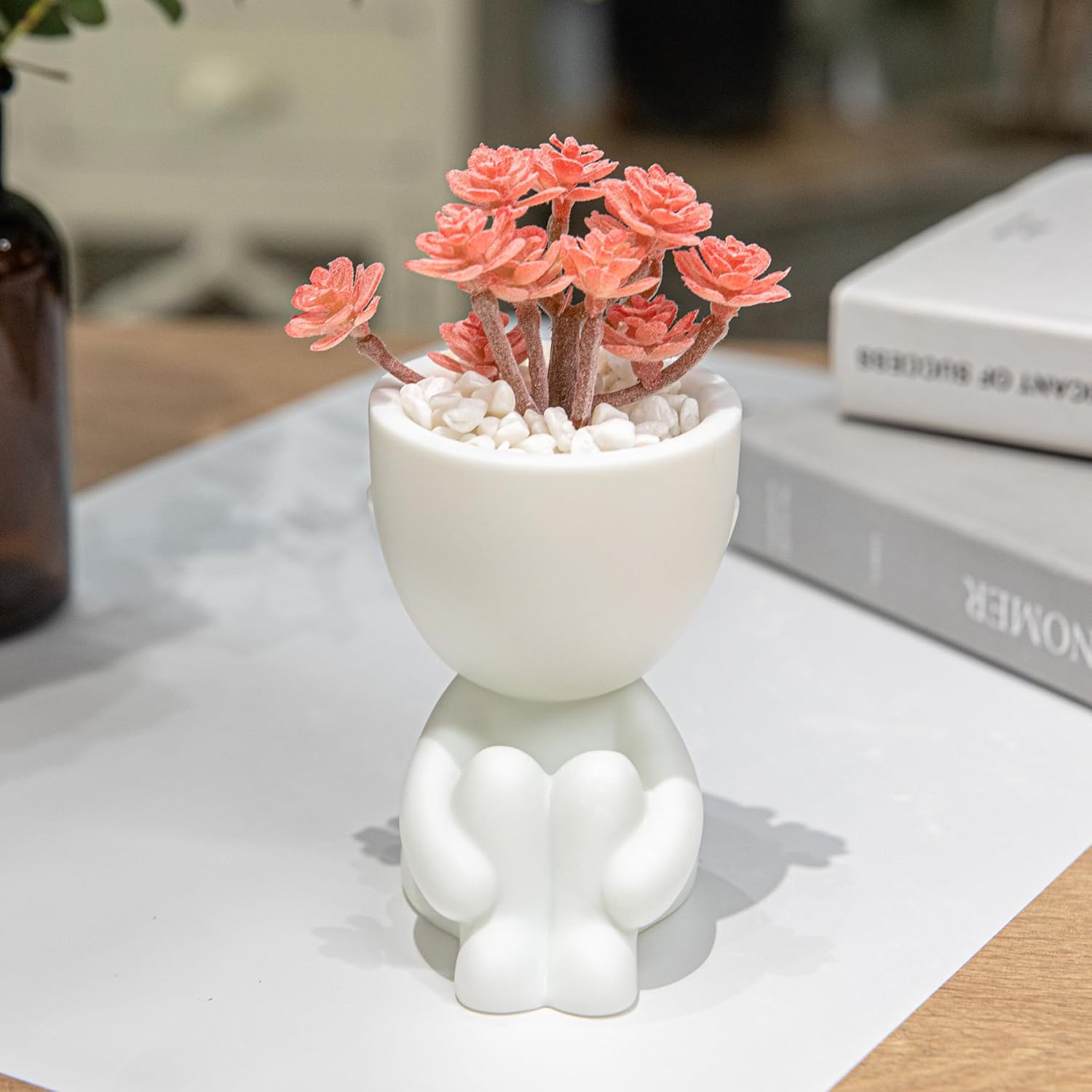 HEYO-YEPY 3PCS Cute Artificial Plant Office Decor for Women and Men, Aesthetic Desk Plant Decor for Office and Home, Potted Small Fake Plants for Indoor Decoration, White Pots Pink Plants