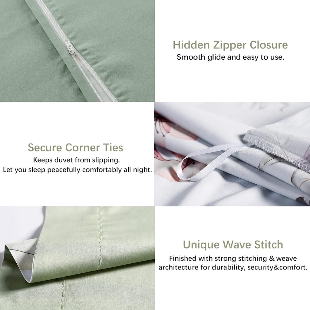 MILDLY 100% Long-Staple Cotton Duvet Cover Set White Green Floral Leaves Pattern Printed Comforter Cover 3pcs, Ultra Soft & Breathable Bedding Set