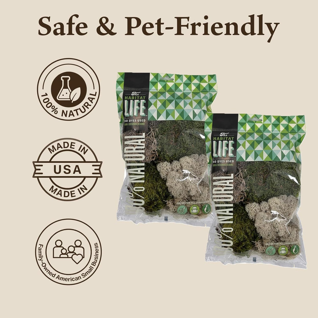 The Habitat Life - Natural Variety Pack - Mix of Reindeer, Mood, Sheet & Spanish Moss - for All Terrariums - Humidity Control - Breathable Bedding - Dye-Free & Safe - Small - 2 Pack