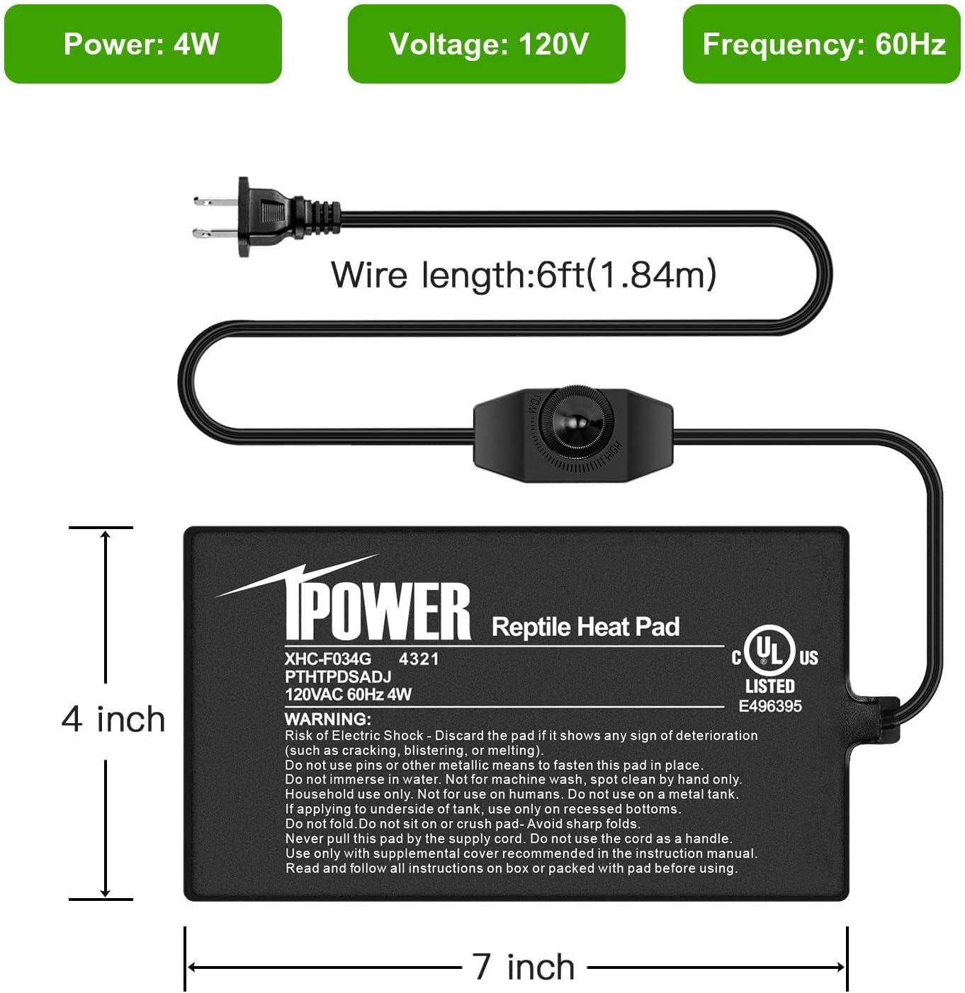 iPower 4x7 Inch Reptile Heating Pad with Adjustable Controller Knob, Under Tank Heater Mat for Turtles, Lizards, Snakes, Amphibians & Small Pets, 2 Pack