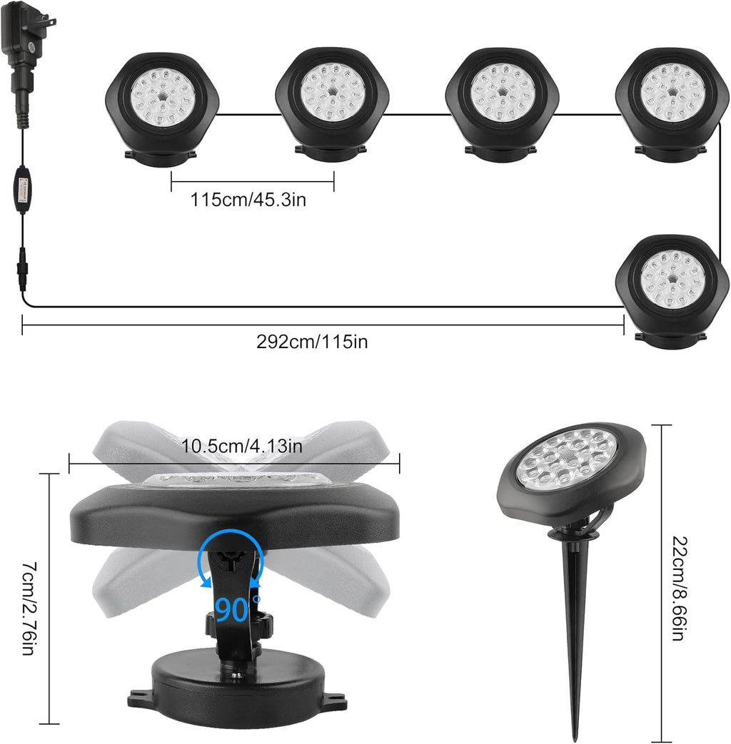 RGBW Pond Lights with Timer, 18 LED Super Bright Underwater Submersible Fountain Lights Color Changing Spotlights, Remote Control IP68 Waterproof for Fish Aquarium Tank Garden Pool (Set of 5)