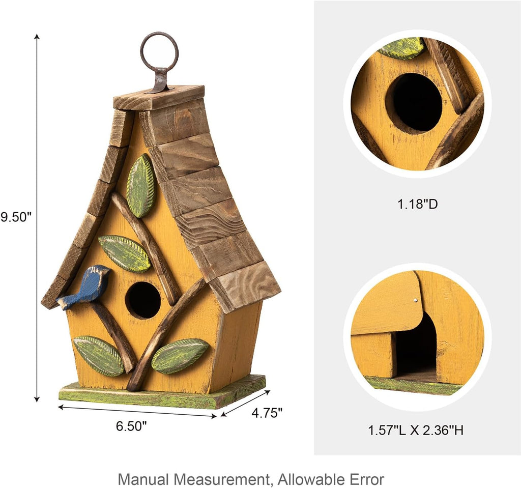 Glitzhome Bird Houses for Outdoors, Solid Wood Bluebird Houses for Outside, 9.5" H Garden Decorative Hanging Birdhouse with Natural Wood Pallet Roof for Finch Swallow Wren Chickadee,Washed Yellow