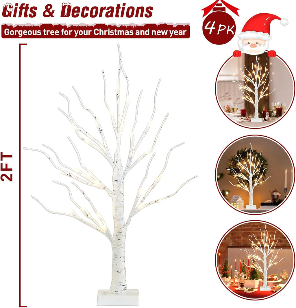 PEIDUO Christmas Decorations for Home, 2FT Christmas Tree with LED Lights, Warm White Lights, Fairy Light Spirit Tree for Room Inside Fireplace Decor, Battery Powered, Timer (4PK)
