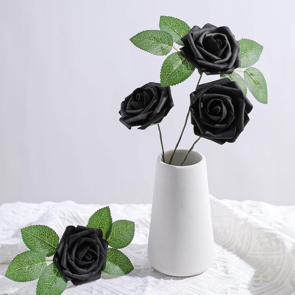 AmyHomie Artificial Flowers Black Rose 25pcs Real Looking Fake Roses w/Stem for DIY Wedding Bouquets Centerpieces Arrangements Party Baby Shower Valentines Day Christmas Tree Decorations