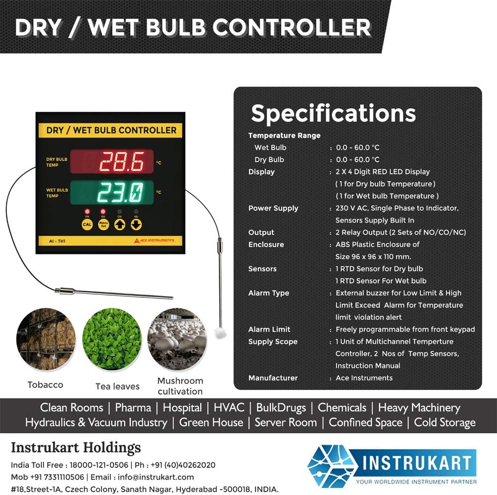 Industrial Psychrometer Controller – Dry Wet Bulb Temperature & Humidity Monitor | Dual RTD Controller for Tea Withering, Tobacco Curing, Fruit Ripening, Wood & Raisin Drying | Ace AI-DWC