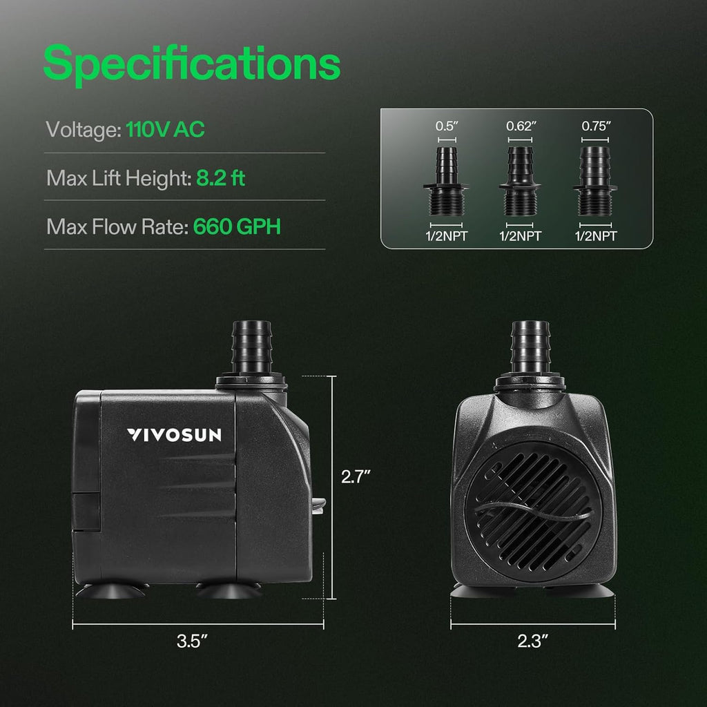 VIVOSUN 660GPH Submersible Water Pump, 2500L/H 35W aquarium pump, Ultra Quiet Fountain Pump with 8.2ft/2.5m High Lift for Fish Tank, Pond, Aquarium, Statuary, Hydroponics