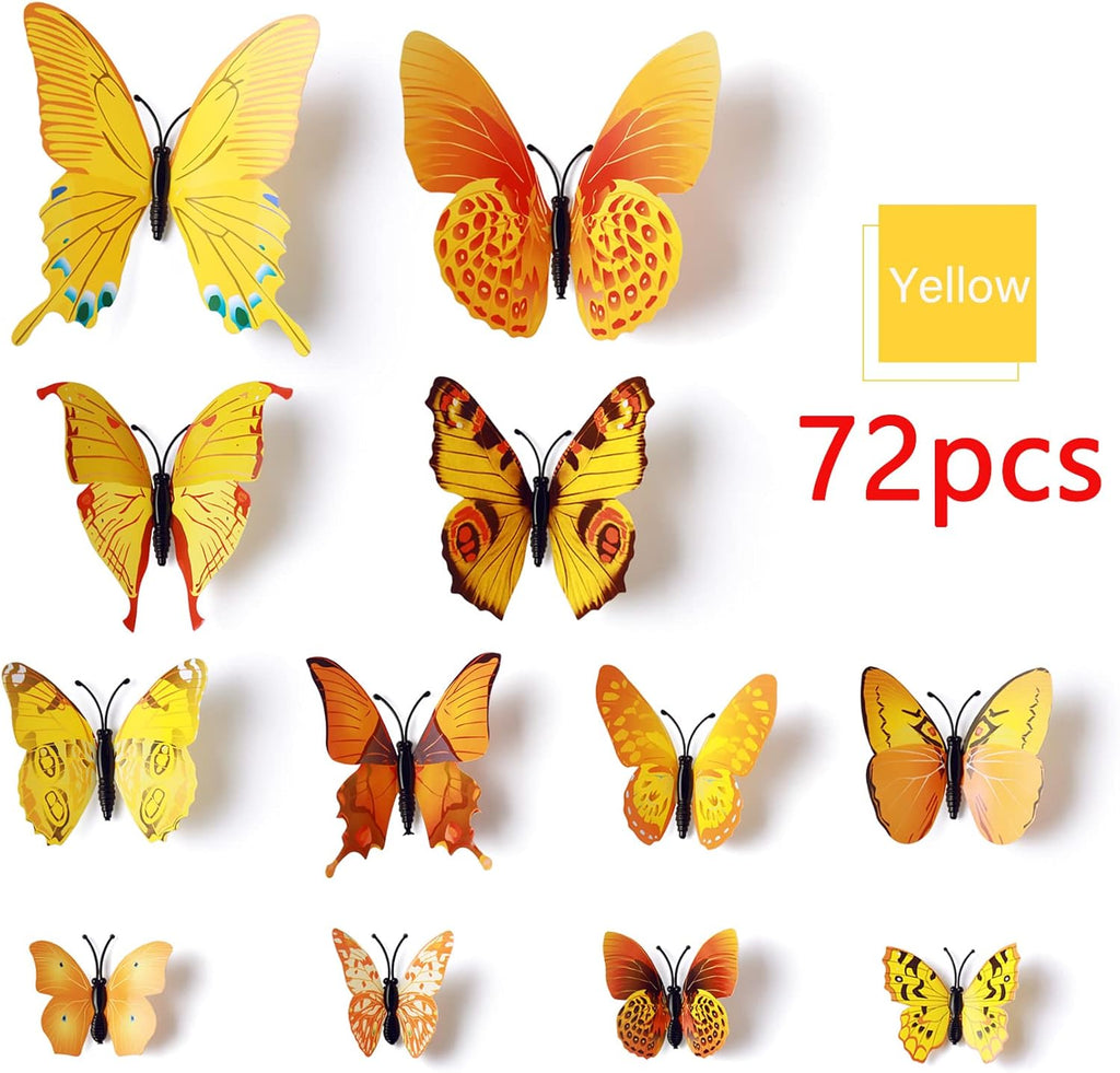 LiveGallery 72 PCS Yellow Removable 3D DIY Beautiful Butterfly Wall Decals Colorful Butterflies Art Decor Wall Stickers Murals for Kids Baby Boy Girls Bedroom Classroom Offices (Yellow)