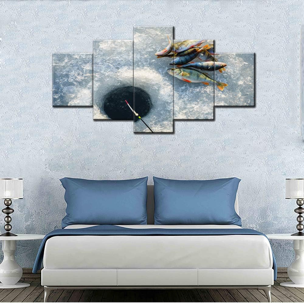 Contemporary Wall Art Ice Fishing Pictures Fish Tackle Paintings Multi Panel Prints on Canvas White Artwork Living Room House Decorations Framed Gallery-Wrapped Ready to Hang(60''W x 32''H)