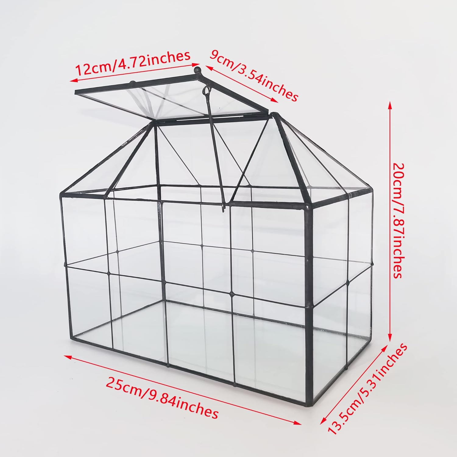NCYP Glass Terrarium Planter with Lid for Small Succulent Cacti, Grid House Shape Black Geometric Terrarium Pot, Home Garden Indoor Tabletop Decor, 9.84" x 5.31" x 7.87" (No Plants)
