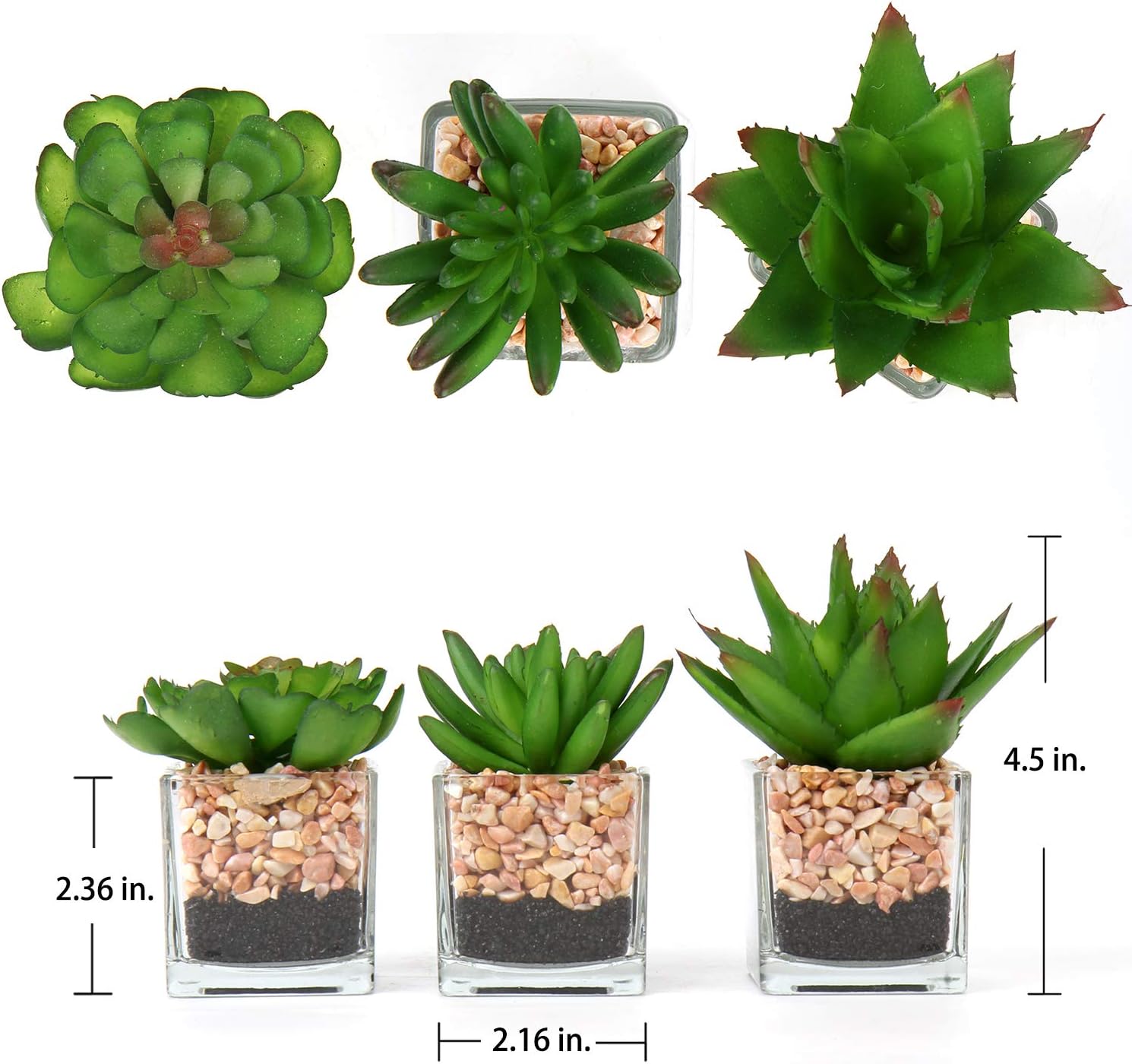 Briful Mini Fake Plants 3 Packs Cute Succulents Artificial Plants in Square Glass Vase Pot Potted Faux Succuletns for Living Room Dining Room Bathroom Kitchen Windowsill Table Decor