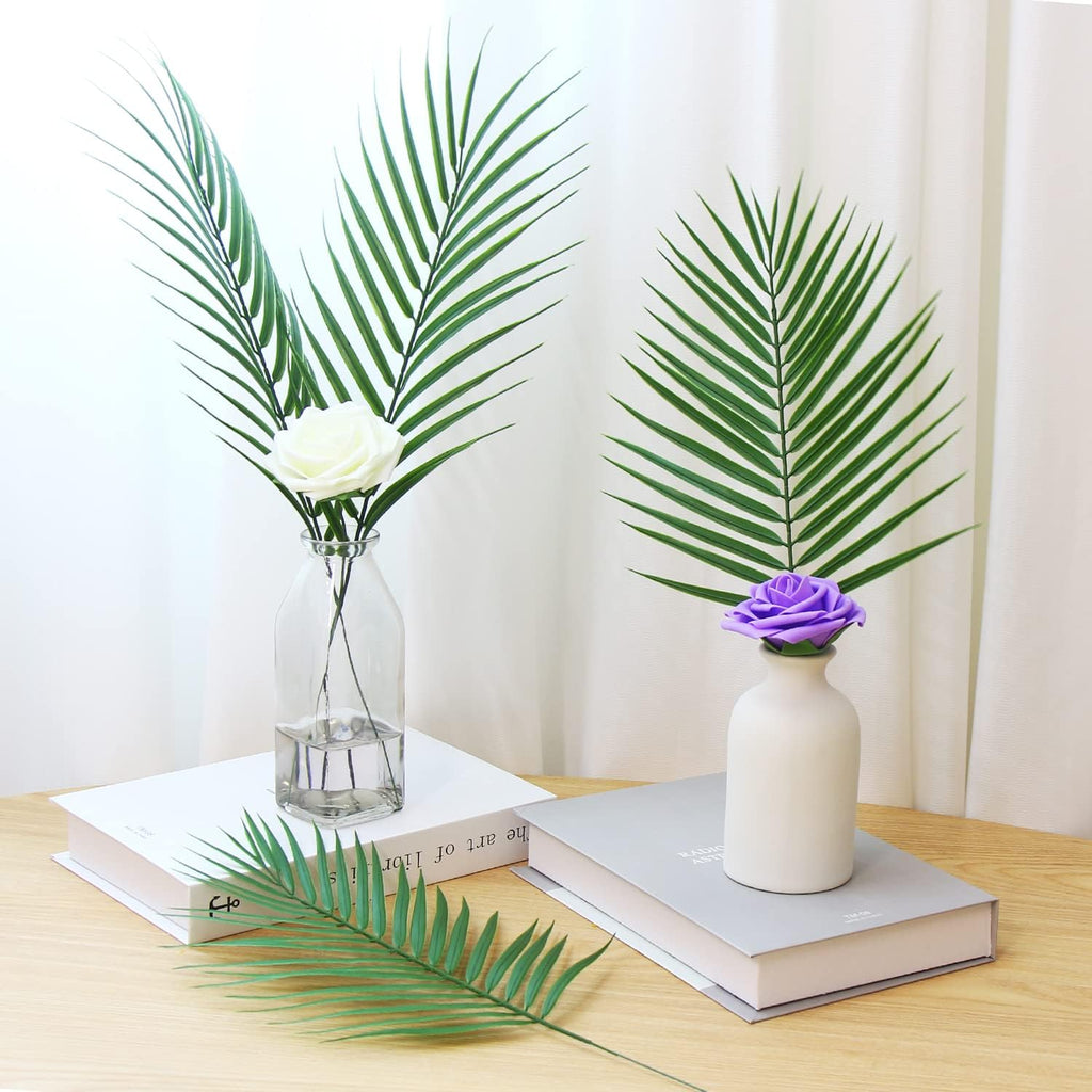 CCINEE 12 PCS Artificial Palm Leaves, Assorted Sizes Faux Large Palm Fronds Fake Tropical Plant Simulation Safari Leaves with Stems for Home Hawaiian Luau Party Jungle Beach Theme Party Decoration