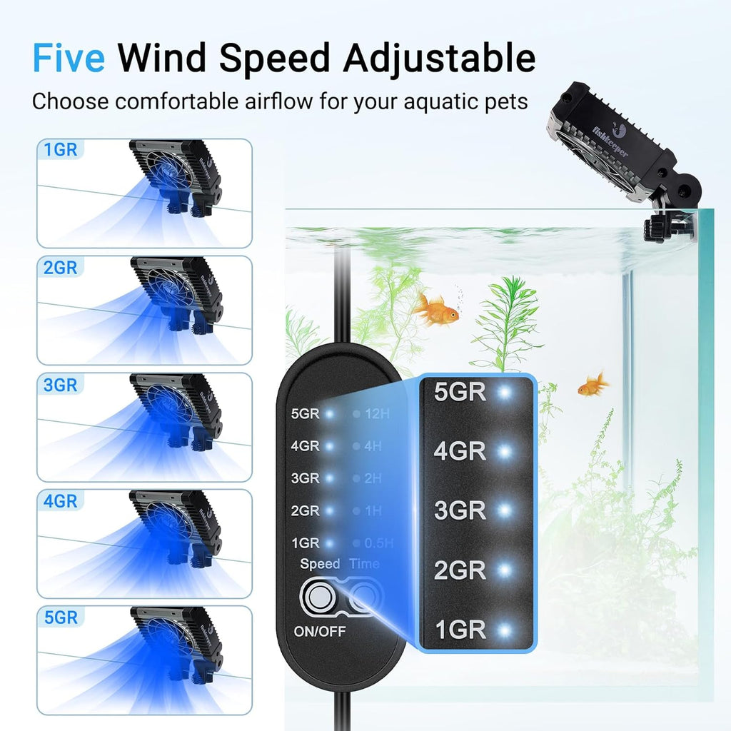 fishkeeper Aquarium Chiller Fan - 3600 r/m Powerful Wind Quiet Fish Tank Cooling Fan, 5 Speeds, 3 Timer Modes, 180° Wide Angle Adjustable Aquarium Cooler with Smart Controller (4W, 1 Head)