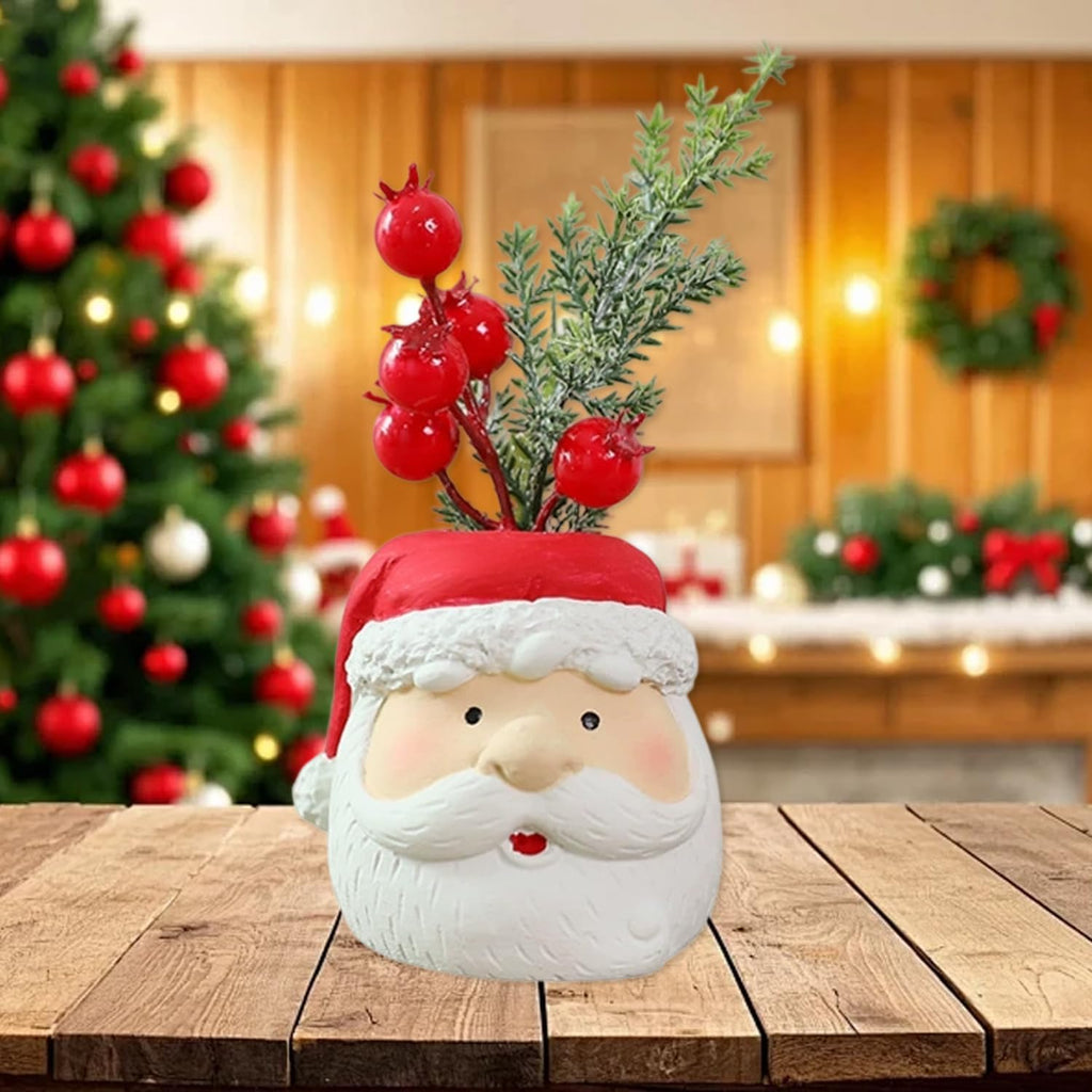 Christmas Tabletop Decorations, Artificial Mini Xmas Tree Decor for Tables Red Berry ＆ Pine Branch with Santa Claus Base Christmas Table Decor for Winter Party Indoor Home Fireplace Mantel Decorations