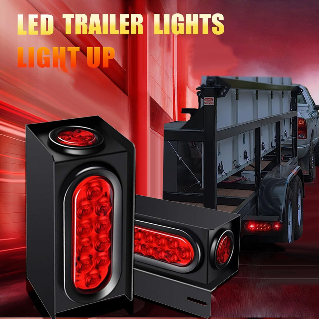2 Pack Steel Trailer Light Box with 6" Red LED Oval Tail Lights & 2" Round Side Lights with License Plate Bracket for Trailer Truck