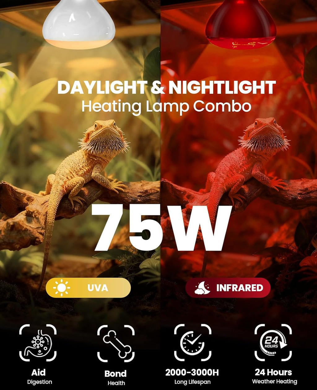 KINDEEP 75W Reptile Heat Lamp Bulbs: Reptile Day & Night Basking Spot Bulb Combo Amphibian Infrared Heat Lamp Bulb - UVA Basking Spot Daylight Heating Light Bulb for Lizard Tortoise Snake