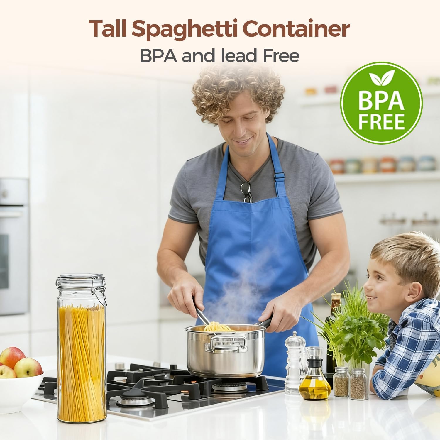 ComSaf Airtight Glass Jars Set of 3, 0.5 Gallon Food Storage Jar with Lids, Tall Spaghetti Container with Clear Preserving Seal Wire Clip Fastening, Pasta Storage Containers for Kitchen Canning