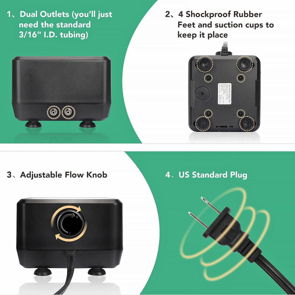 hygger Adjustable 5W 10W Aquarium Air Pump with 2 Ports for 20-600 Gallon Fish Tank 160 GPH 250 GPH Aquatic Aerator Oxygen Pump
