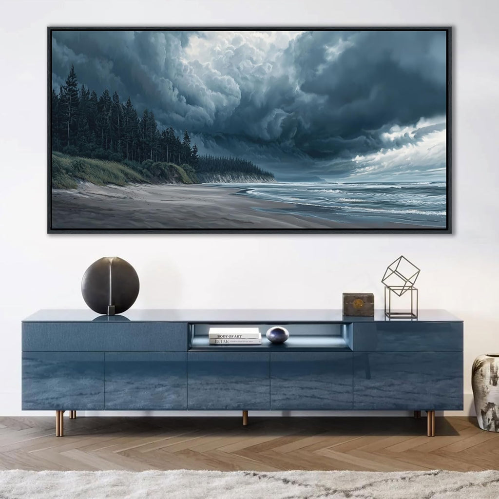 YDYSUNE Beach Wall Art Largr Canvas Decor Ocean Painting Navy Blue Picture Artwork Modern Seascape Storm Forest Decoration Framed for Living Room Bedroom Home Office Decor Size 24x48 Inches
