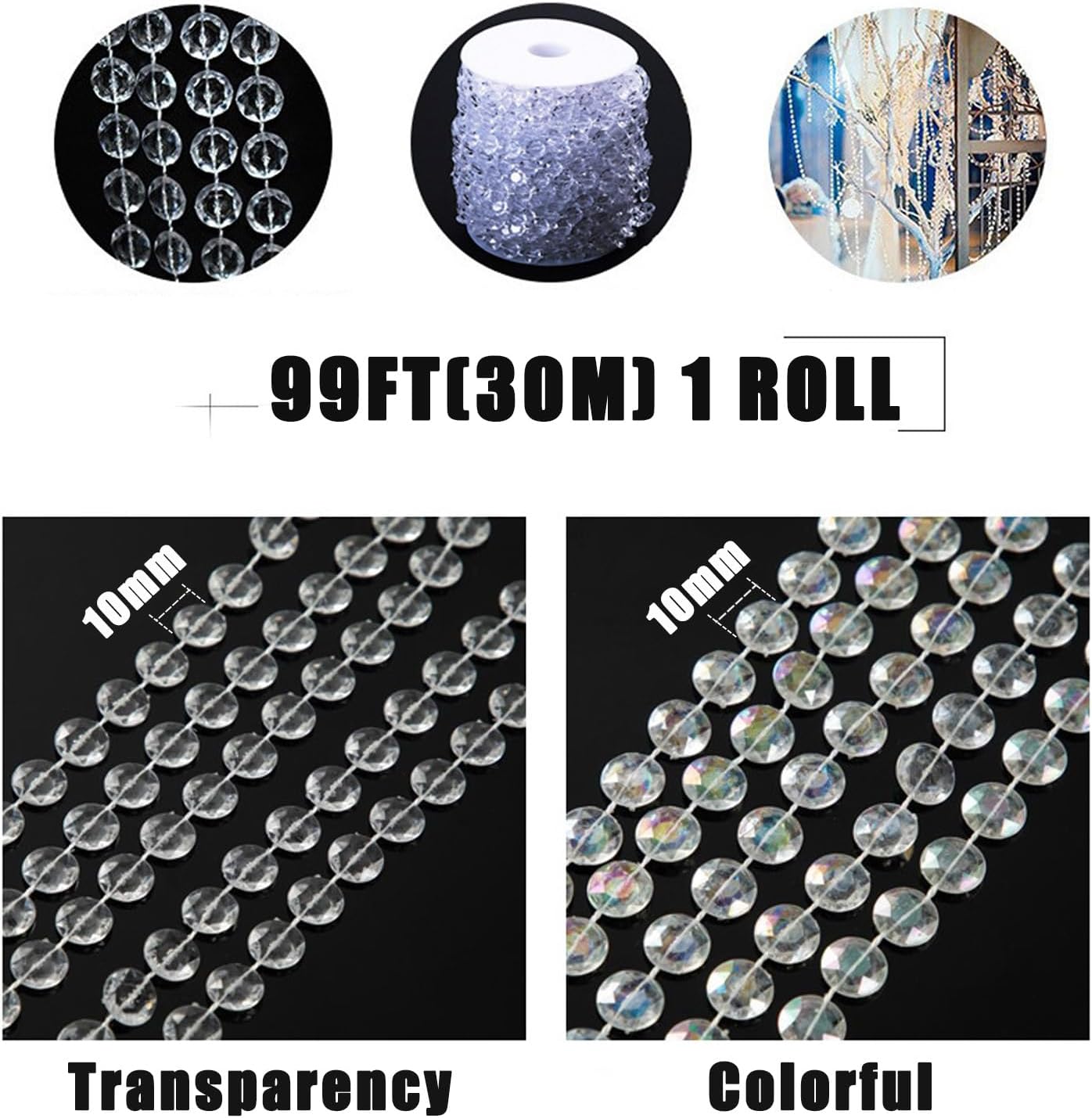 99ft Iridescent Bead Garland, Acrylic Crystal Strand Roll for Christmas Tree, Hanging Ornaments, Holiday Home Décor, DIY Crafts and Curtain Decorations