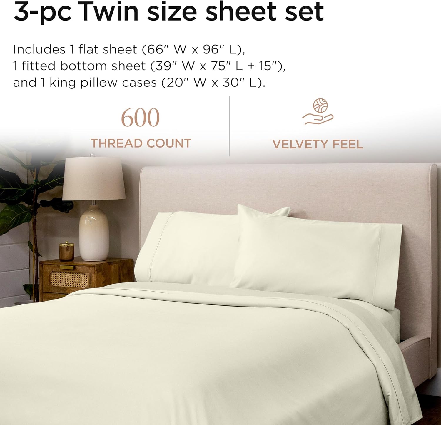 Threadmill 100% Cotton Sheets for Twin Size Bed - 600 Thread Count Twin Bed Sheets Set with 15” Deep Pocket - Sateen Weave 3-Piece Bedding Set with Cooling Effect, Ivory