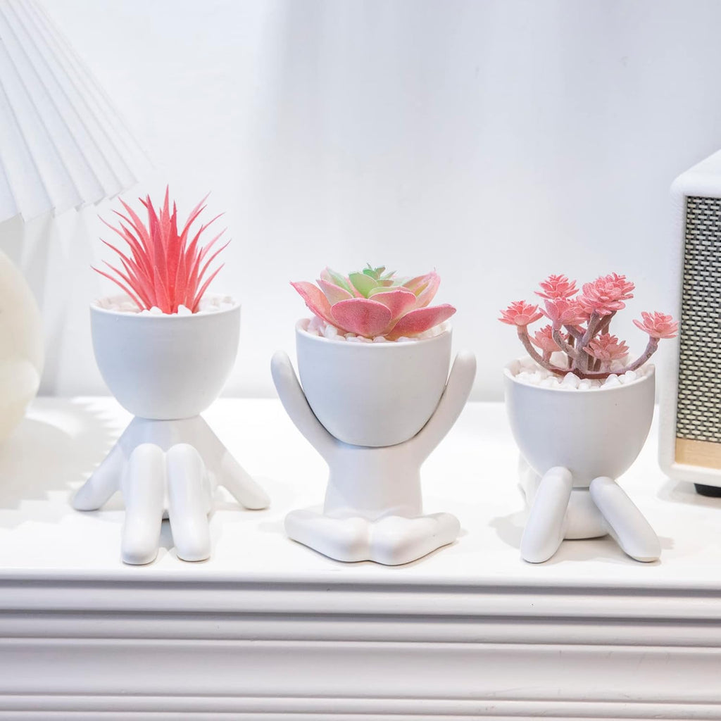 3PCS Human-Shaped Potted Artificial Plants Office Decor for Women and Men, Small Fake Plants Decor for Bedroom and Bathroom, Cute Faux Succulent Desk Decor for Office and Home, Pink