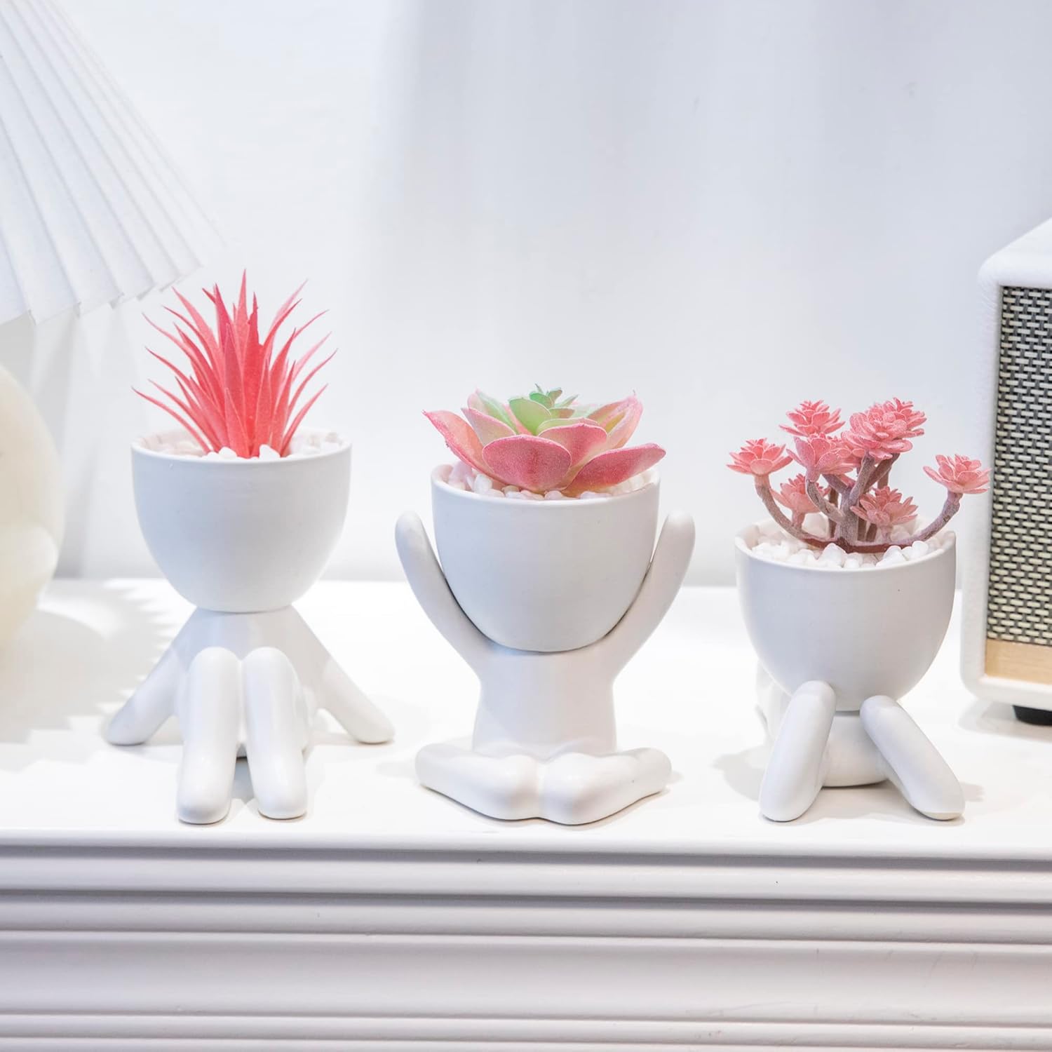 3PCS Human-Shaped Potted Artificial Plants Office Decor for Women and Men, Small Fake Plants Decor for Bedroom and Bathroom, Cute Faux Succulent Desk Decor for Office and Home, Pink