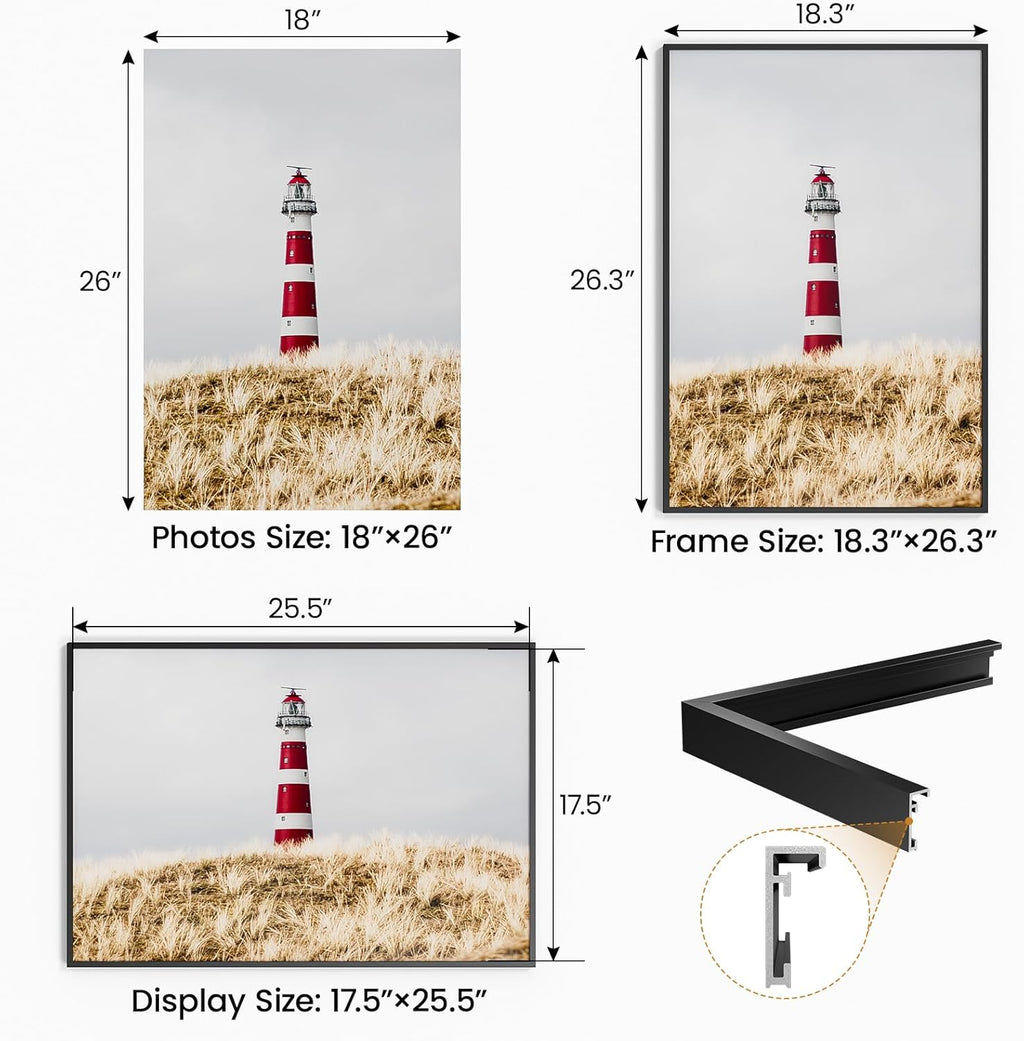 18x26 Aluminum Metal Picture Frame,Tempered Glass Black Large 18 x 26 Poster Frame for Puzzles Photos or Artwork to Wall Mount Horizontal or Vertical for Decor House,Office,Hotel