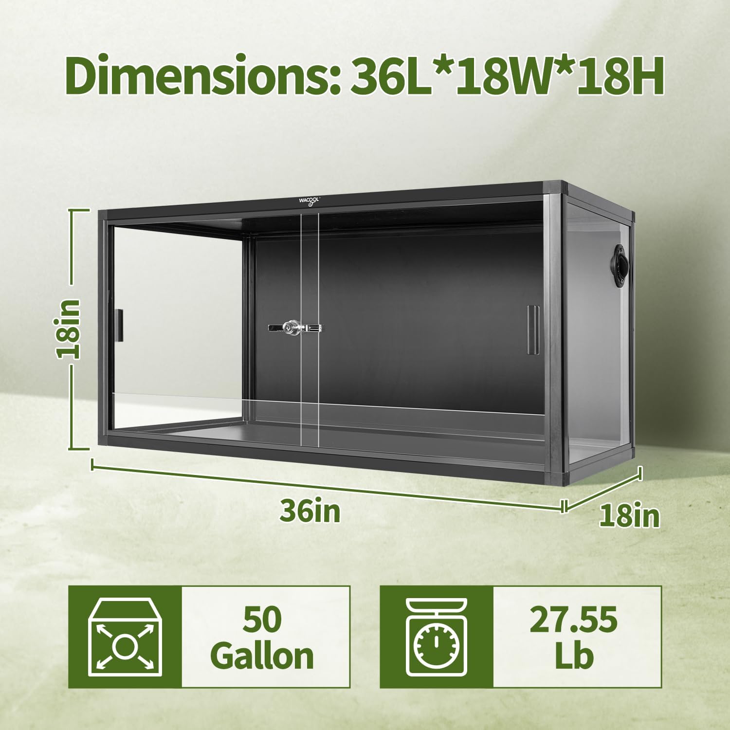 50 Gallon Reptile Tank, Large Terrarium for Bearded Dragons, Snakes, Leopard Geckos, Sliding Door & Top Ventilation, 36" x 18" x 18" Easy-to-Maintain Reptile Enclosure