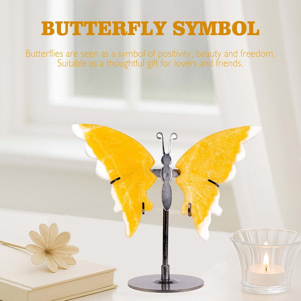 Crystal Butterfly Ornament, Amethyst Agate Wings, Home Office Tabletop Decor (Yellow Calcite)