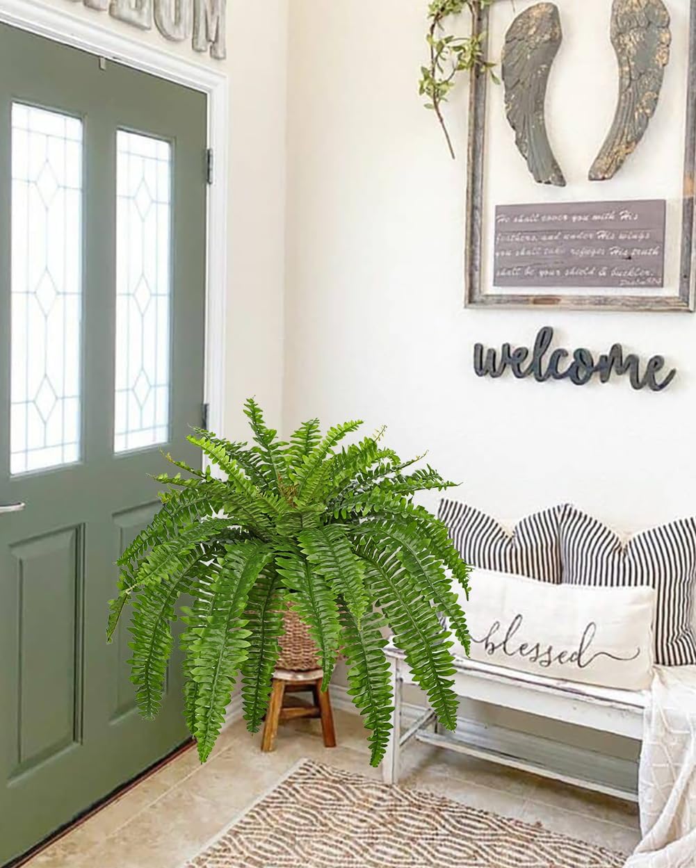 Hollyone Artificial Fern Plants in Pot 34.6" Large Artificial Boston Fern 39 Leaves for Outdoors & Indoor Faux Potted Plant Fake Ferns Bush Plant for Patio Garden Farmhouse Porch Home Decor Green