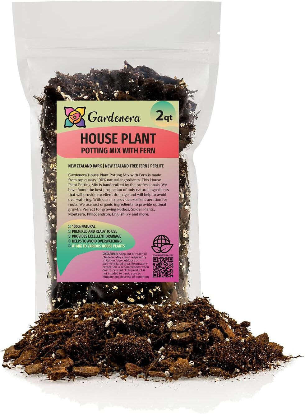 Premium Gardenera House Plant Potting Mix | Fern + New Zealand Bark + Perlite | Great for Pothos, Spider Plants, Montsera, Philodendron, English Ivy - 2 Quart Bag