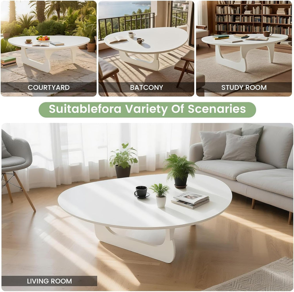 Solid Wooden Modern Triangle Coffee Table: Unique Funky Coffee Tables for Living Room, Oval Mid-Century Irregular Abstract Tea Tables for Patio Office Balcony Bedroom (White, 33" L x 24" W x 16" H)