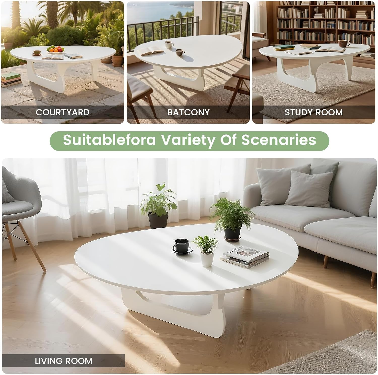 Solid Wooden Modern Triangle Coffee Table: Unique Funky Coffee Tables for Living Room, Oval Mid-Century Irregular Abstract Tea Tables for Patio Office Balcony Bedroom (White, 33" L x 24" W x 16" H)