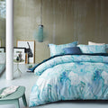 MILDLY Duvet Cover Set Full Size 100% Cotton Aqua White Watercolor Marble Pattern Comforter Cover Set Printed Reversible Soft Breathable Bedding Set