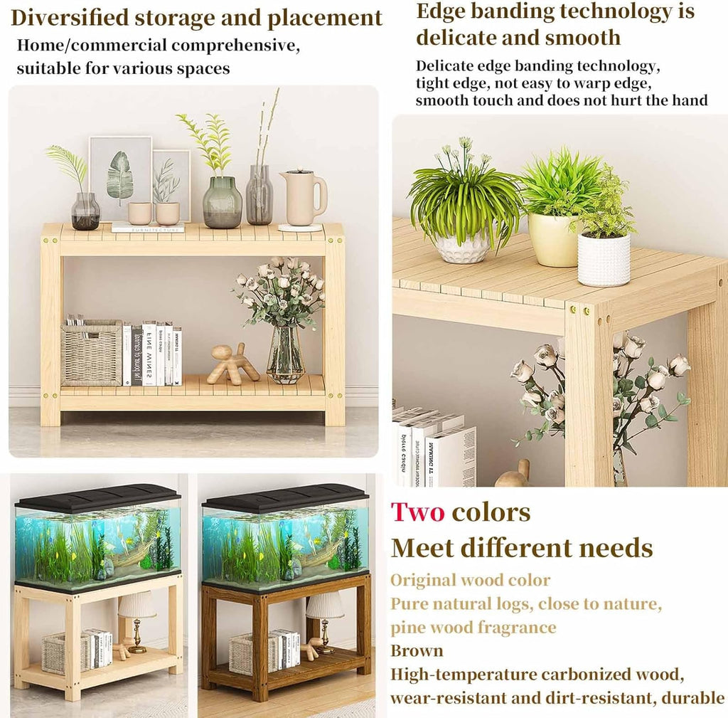 FORRTY Solid Wood Aquarium Stand – Heavy Duty Wooden Fish Tank Stand With 2-Tier Storage | Natural Pine Reptile Tank Table | Indoor Plant Rack | Printer Table | Multi-Purpose Shelf | 30–150cm Width(Br