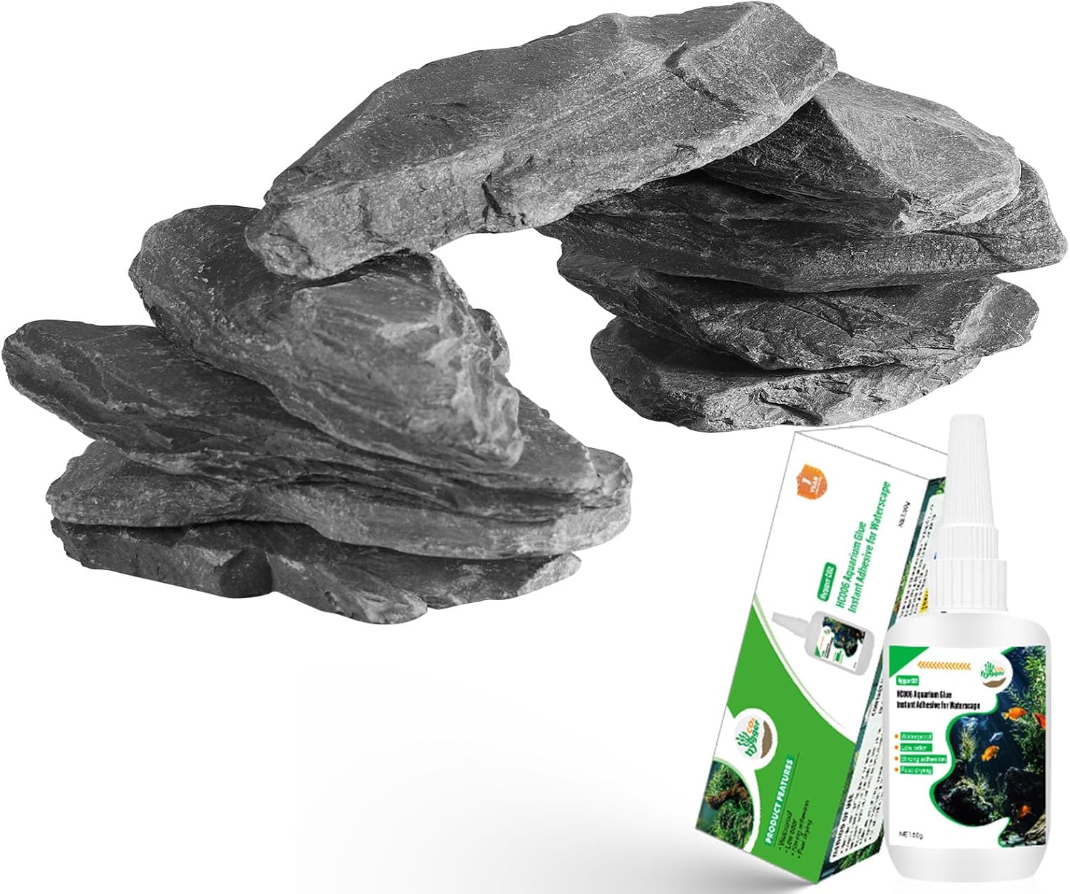 Natural Slate Stone Rocks with Special Liquid Glue, Mix of Rocks 3-6 inches and 1 Piece 8-10 inches, PH Neutral Stone for Aquascaping Aquariums, Paludariums, Reptile Enclosures (4.1 - 4.6 lbs)