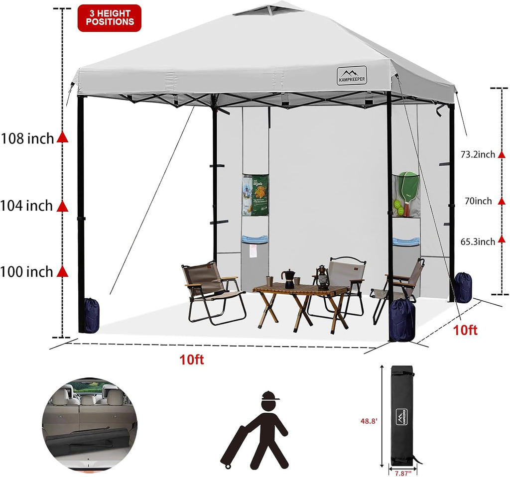 KAMPKEEPER 10x10 Easy Pop Up Canopy Tent with Sidewalls, Instant Outdoor Shade Shelter with Removable 10FT Sun Walls, Quick Setup Waterproof and UV-Resistant for Patio (White, 1 sidewall)