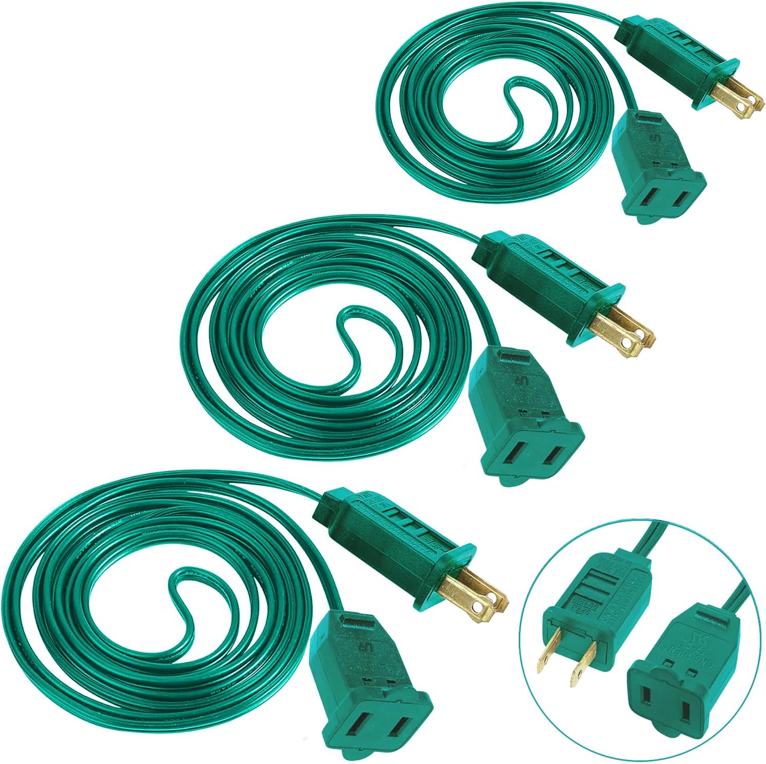 3 Pack Green Extension Cord 6 Feet 2 Prong Extension Cord for Christmas Lights Waterproof with 2 Pole Brass Straight Blades Polarized Plug, for Connect/Extend Christmas Light Indoor Outdoor (18Ft)
