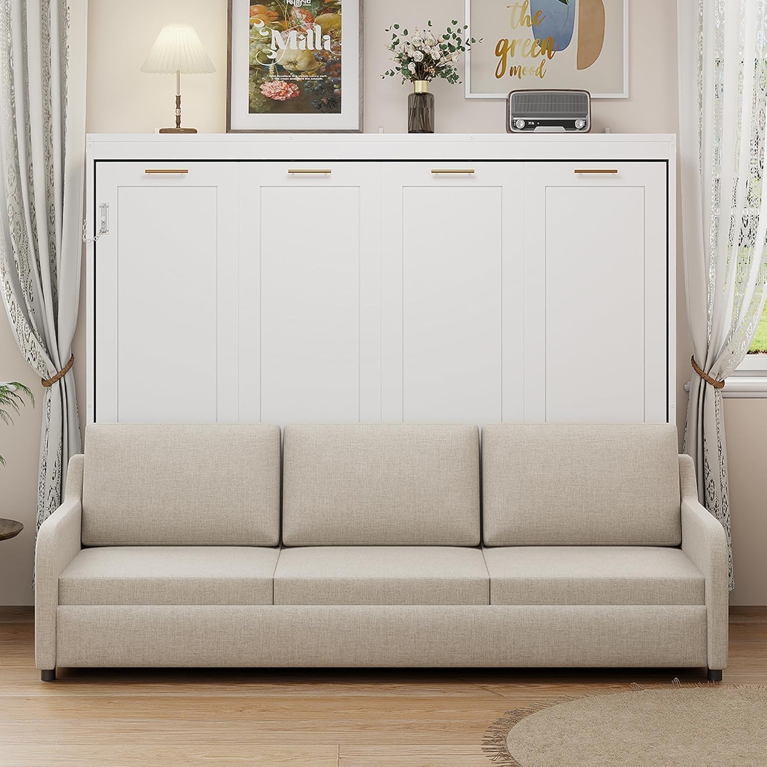 Queen Horizontal Murphy Bed with Sofa and Storage Shelves,LED Light,Solid Wood Space Saving Hideaway Murphy Wall Bed with Couch and Storage for Adults (Beige,Queen)